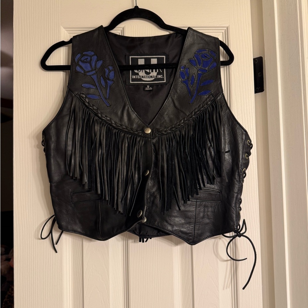Unik Black Leather Vest with Blue Embroidery S